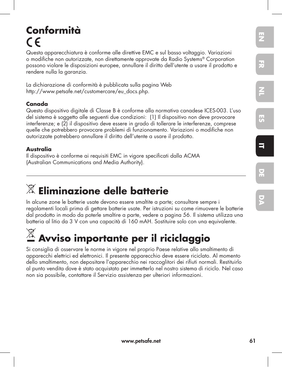 Conformità, Eliminazione delle batterie, Avviso importante per il riciclaggio | Petsafe Elite Big Dog Bark Control User Manual | Page 61 / 88