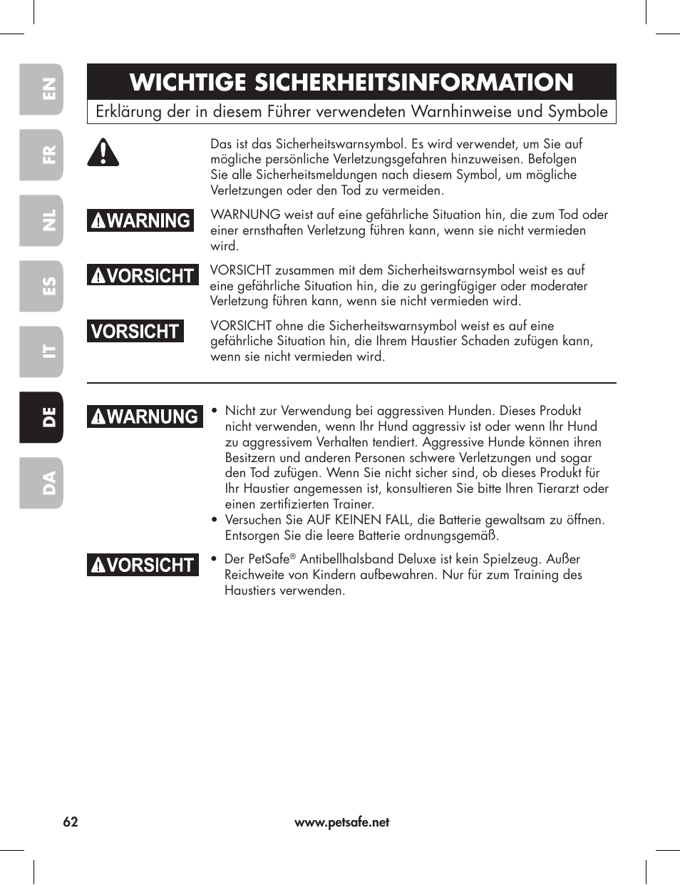 Wichtige sicherheitsinformation | Petsafe Elite Big Dog Bark Control User Manual | Page 62 / 88