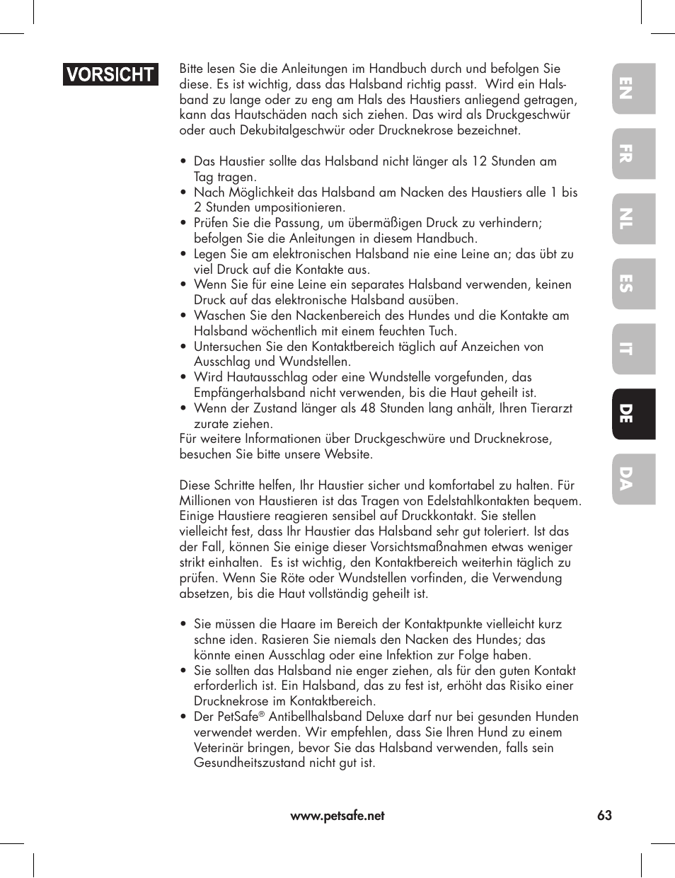 En fr es nl it da de | Petsafe Elite Big Dog Bark Control User Manual | Page 63 / 88