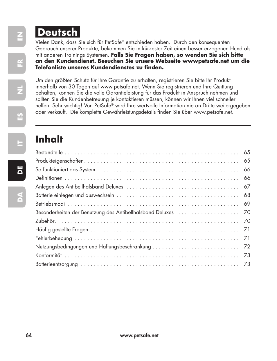 Deutsch, Inhalt | Petsafe Elite Big Dog Bark Control User Manual | Page 64 / 88