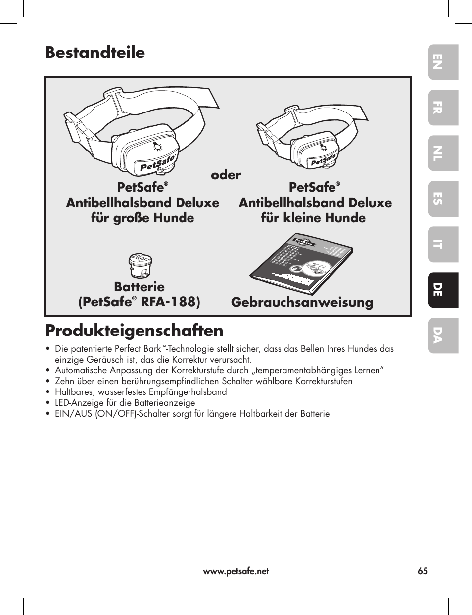 Bestandteile produkteigenschaften, Gebrauchsanweisung batterie (petsafe, Rfa-188) petsafe | Antibellhalsband deluxe für große hunde petsafe, Antibellhalsband deluxe für kleine hunde oder | Petsafe Elite Big Dog Bark Control User Manual | Page 65 / 88