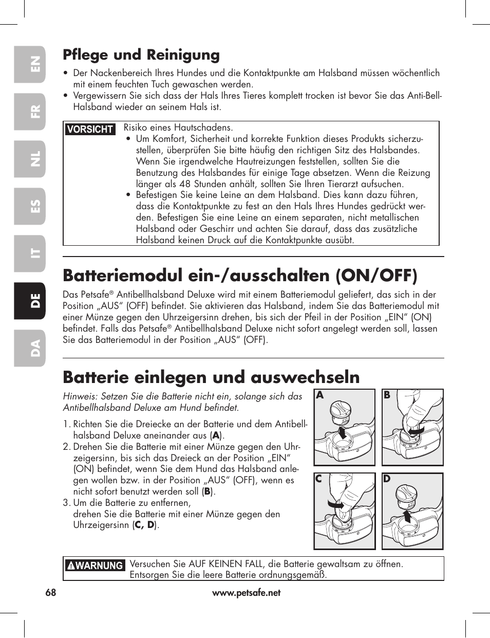 Batteriemodul ein-/ausschalten (on/off), Batterie einlegen und auswechseln, Pflege und reinigung | Petsafe Elite Big Dog Bark Control User Manual | Page 68 / 88