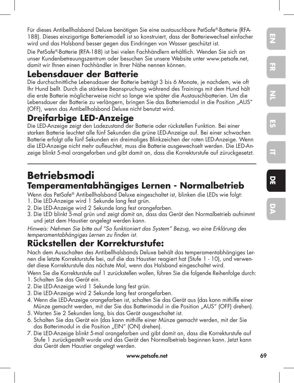 Betriebsmodi, Lebensdauer der batterie, Dreifarbige led-anzeige | Temperamentabhängiges lernen - normalbetrieb, Rückstellen der korrekturstufe | Petsafe Elite Big Dog Bark Control User Manual | Page 69 / 88