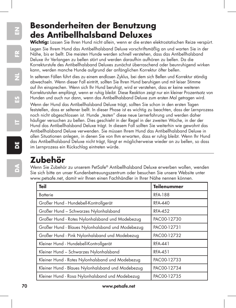 Zubehör, En fr es nl it da de | Petsafe Elite Big Dog Bark Control User Manual | Page 70 / 88