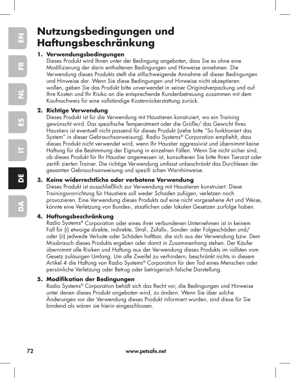 Nutzungsbedingungen und haftungsbeschränkung, En fr es nl it da de | Petsafe Elite Big Dog Bark Control User Manual | Page 72 / 88
