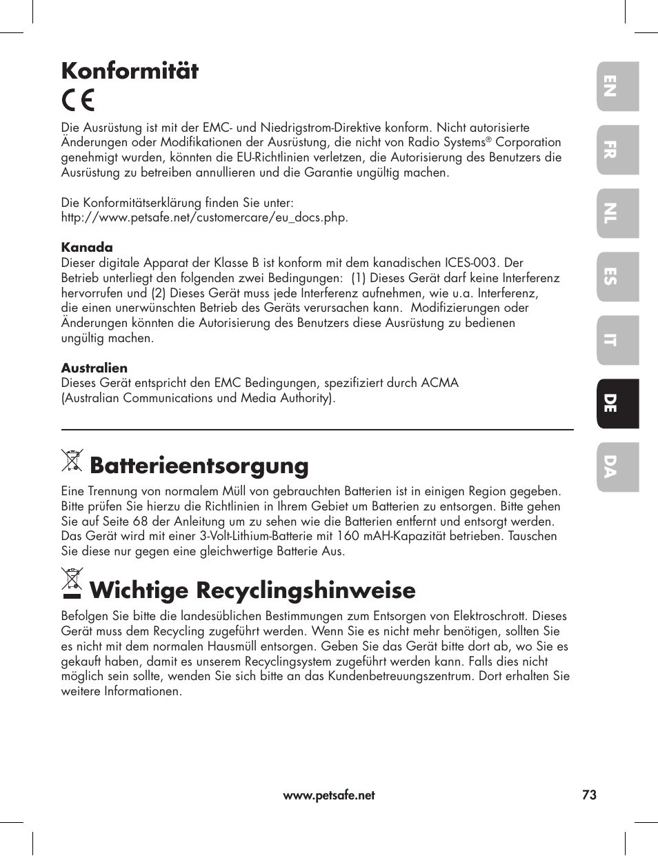 Konformität, Batterieentsorgung, Wichtige recyclingshinweise | Petsafe Elite Big Dog Bark Control User Manual | Page 73 / 88