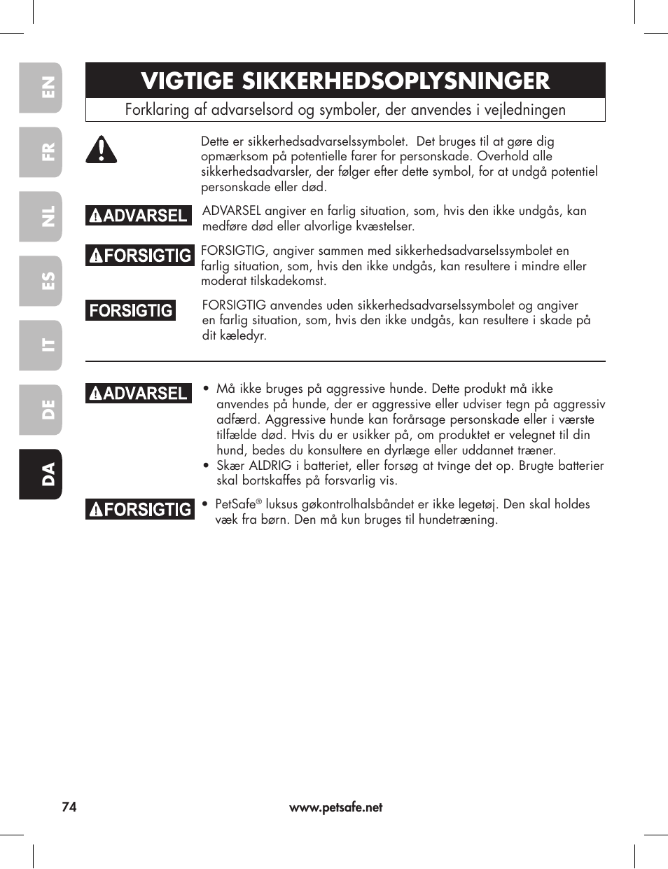 Vigtige sikkerhedsoplysninger | Petsafe Elite Big Dog Bark Control User Manual | Page 74 / 88