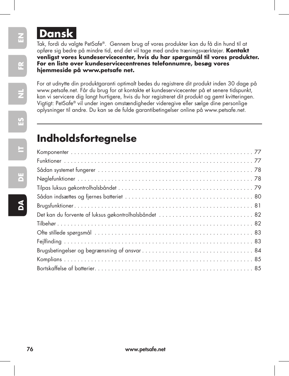 Dansk, Indholdsfortegnelse | Petsafe Elite Big Dog Bark Control User Manual | Page 76 / 88