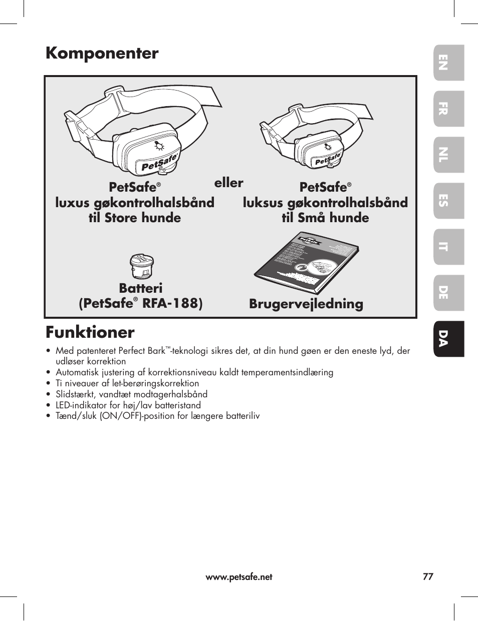 Komponenter funktioner, Brugervejledning batteri (petsafe, Rfa-188) petsafe | Luxus gøkontrolhalsbånd til store hunde petsafe, Luksus gøkontrolhalsbånd til små hunde eller | Petsafe Elite Big Dog Bark Control User Manual | Page 77 / 88