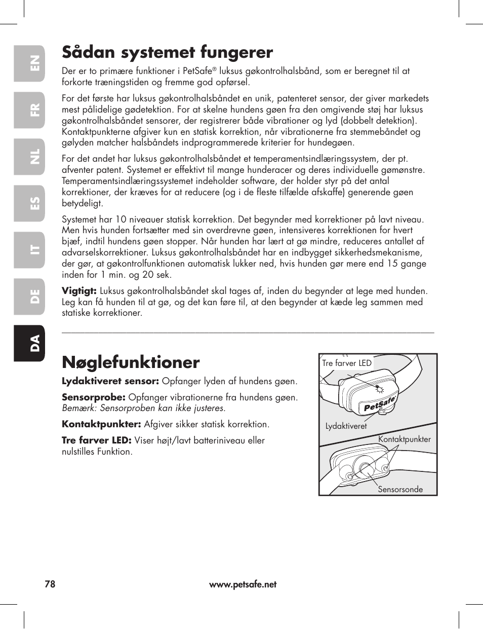 Sådan systemet fungerer, Nøglefunktioner | Petsafe Elite Big Dog Bark Control User Manual | Page 78 / 88