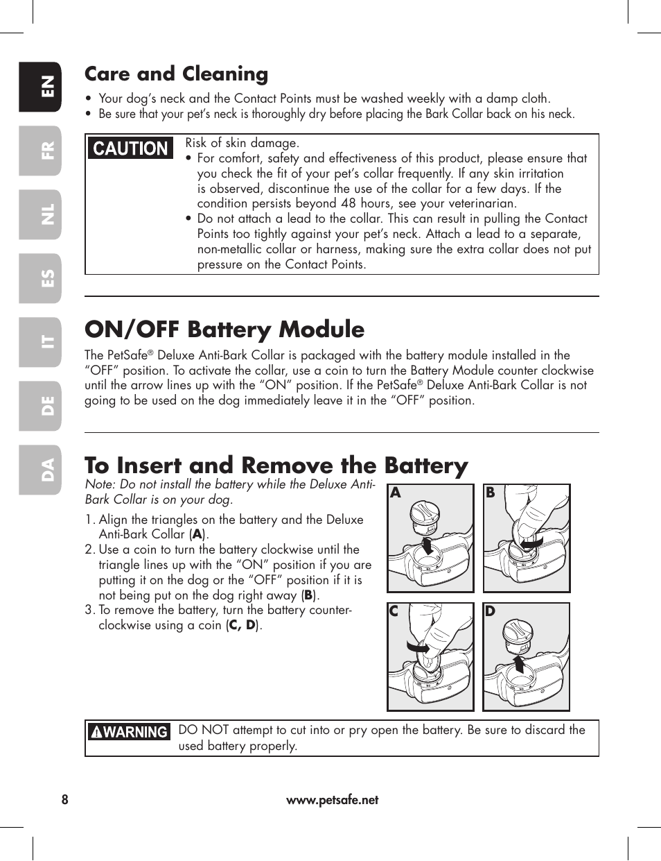 On/off battery module, Care and cleaning | Petsafe Elite Big Dog Bark Control User Manual | Page 8 / 88