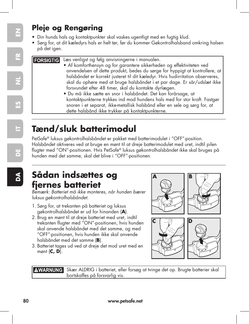 Tænd/sluk batterimodul, Sådan indsættes og fjernes batteriet, Pleje og rengøring | Petsafe Elite Big Dog Bark Control User Manual | Page 80 / 88