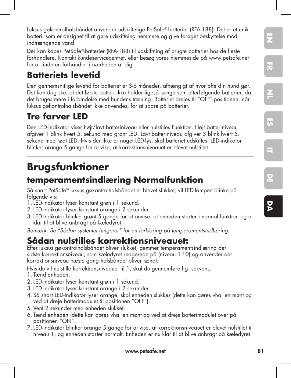 Brugsfunktioner, Batteriets levetid, Tre farver led | Temperamentsindlæring normalfunktion, Sådan nulstilles korrektionsniveauet | Petsafe Elite Big Dog Bark Control User Manual | Page 81 / 88