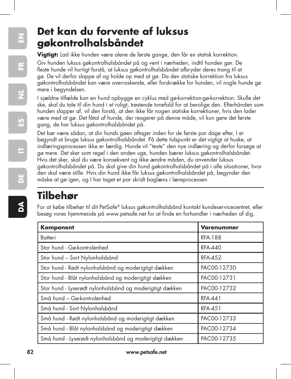 Det kan du forvente af luksus gøkontrolhalsbåndet, Tilbehør | Petsafe Elite Big Dog Bark Control User Manual | Page 82 / 88