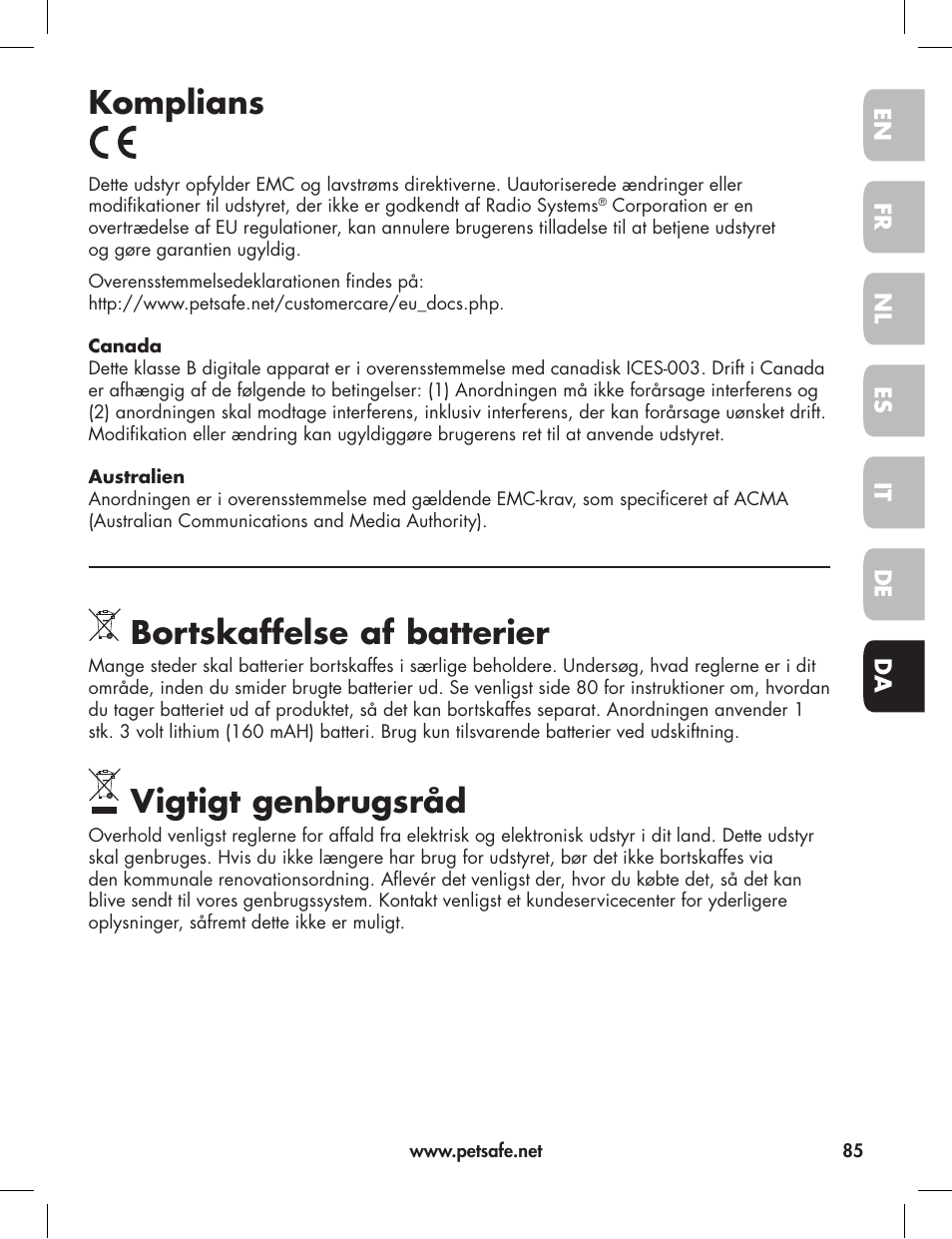 Komplians, Bortskaffelse af batterier, Vigtigt genbrugsråd | Petsafe Elite Big Dog Bark Control User Manual | Page 85 / 88