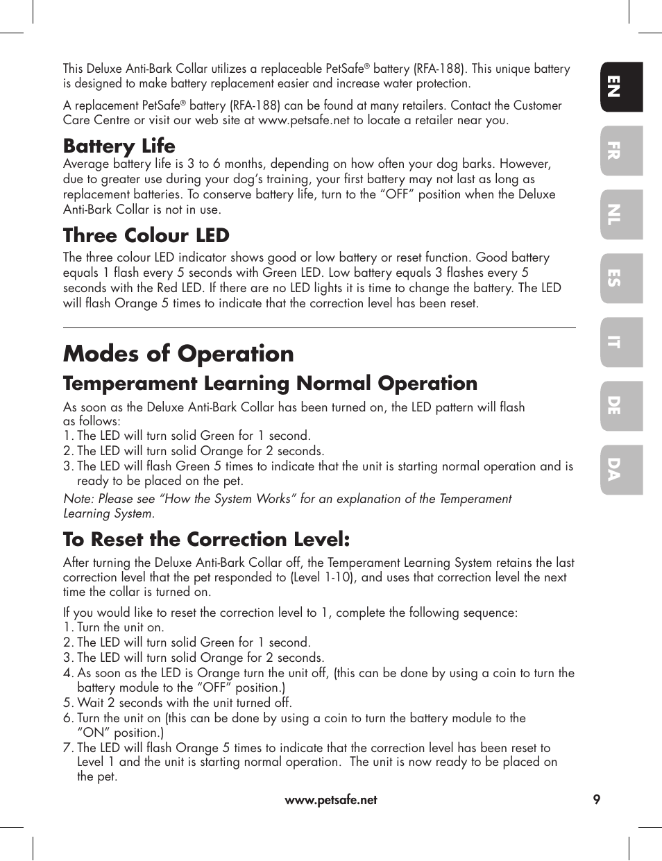 Modes of operation, Battery life, Three colour led | Temperament learning normal operation | Petsafe Elite Big Dog Bark Control User Manual | Page 9 / 88