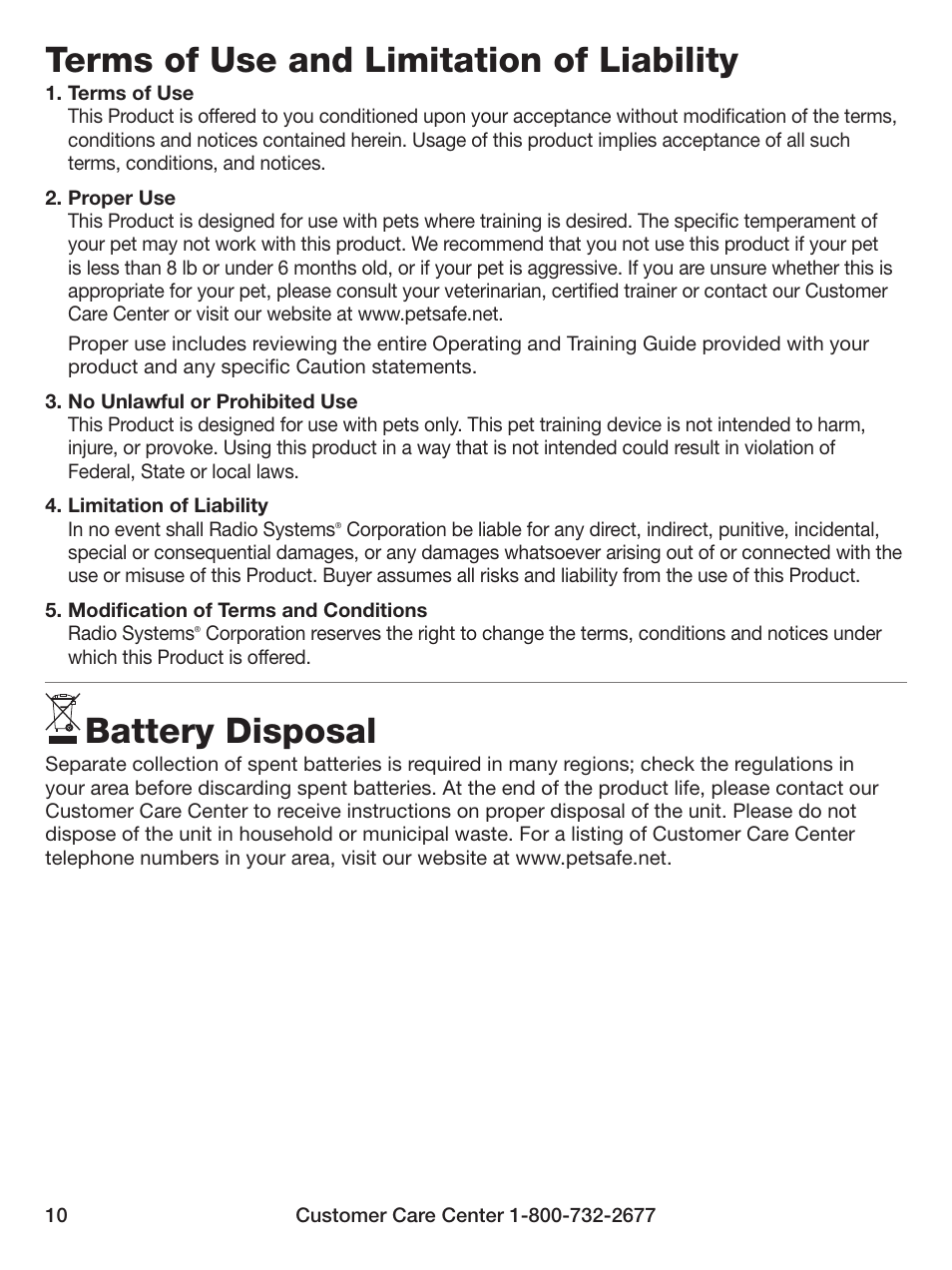 Terms of use and limitation of liability, Battery disposal | Petsafe Elite Big Dog Bark Control User Manual | Page 10 / 12