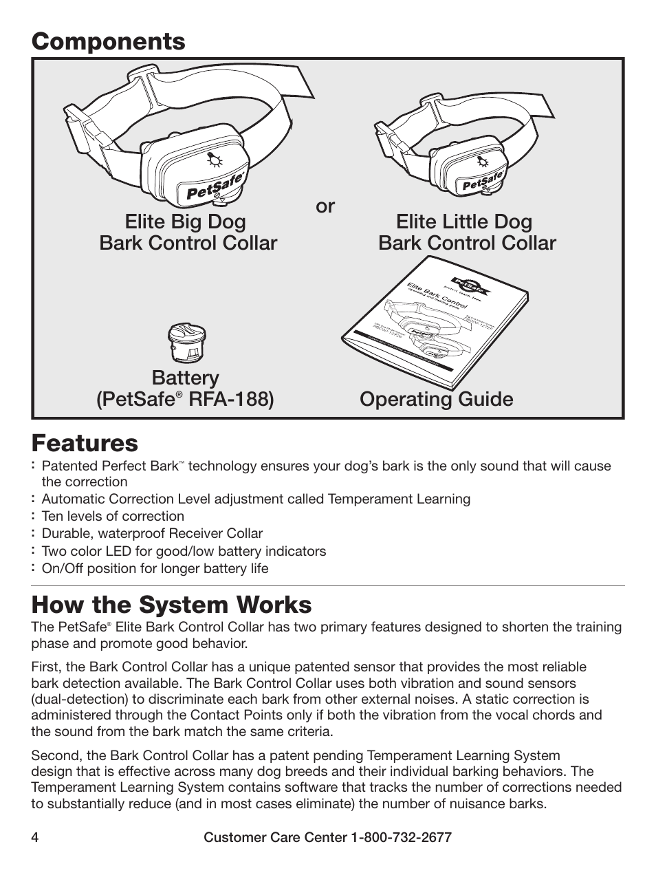 Components, Features, How the system works | Operating guide battery (petsafe | Petsafe Elite Big Dog Bark Control User Manual | Page 4 / 12