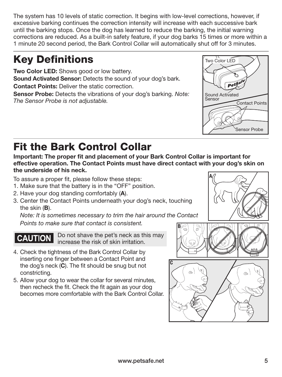 Key definitions, Fit the bark control collar | Petsafe Elite Big Dog Bark Control User Manual | Page 5 / 12