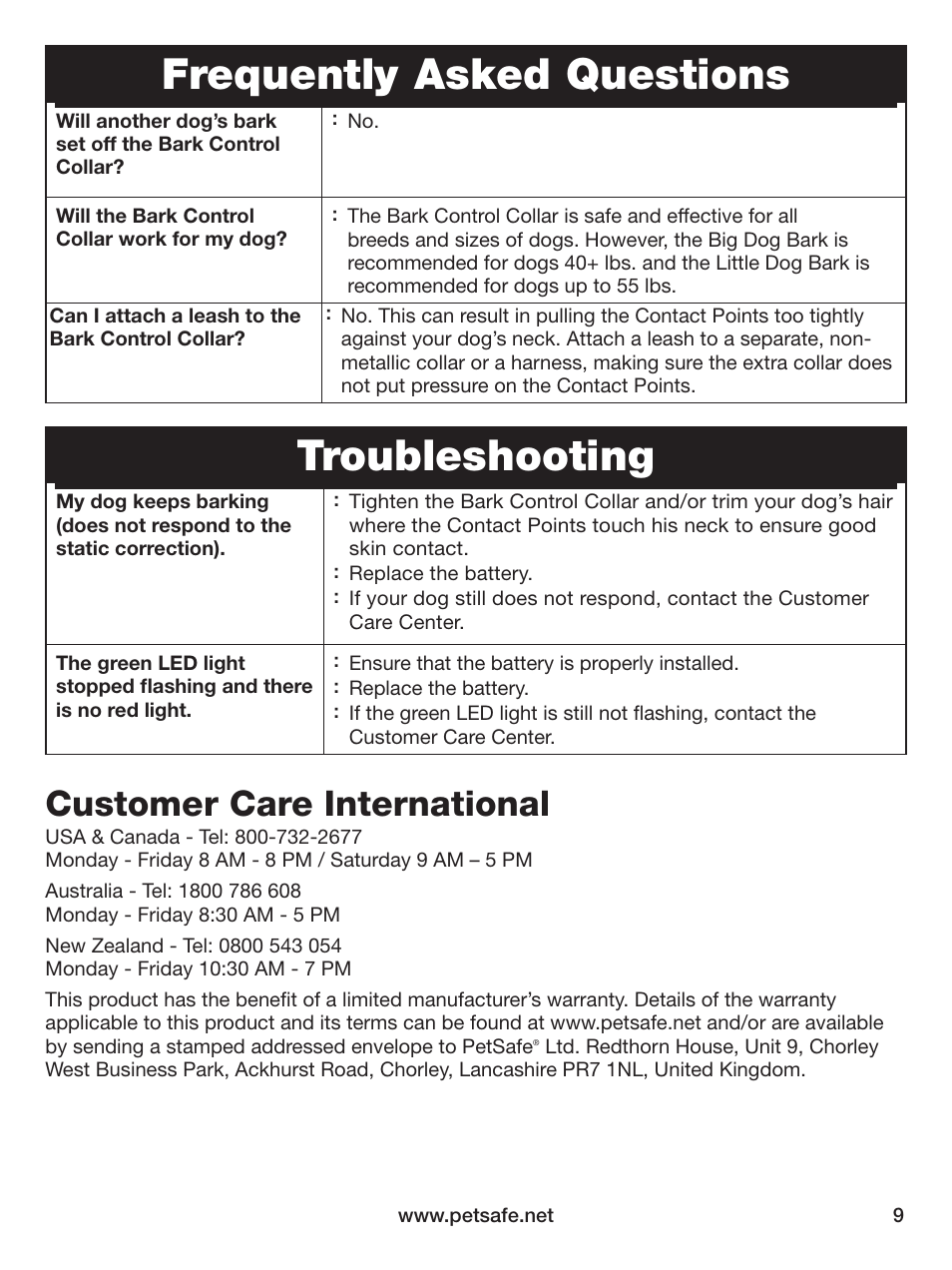 Frequently asked questions, Troubleshooting, Customer care international | Petsafe Elite Big Dog Bark Control User Manual | Page 9 / 12