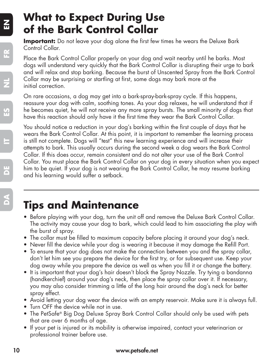 Tips and maintenance, En fr es nl it da de | Petsafe Elite Big Dog Spray Bark Control User Manual | Page 10 / 102