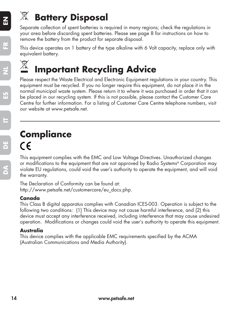 Battery disposal, Important recycling advice, Compliance | Petsafe Elite Big Dog Spray Bark Control User Manual | Page 14 / 102