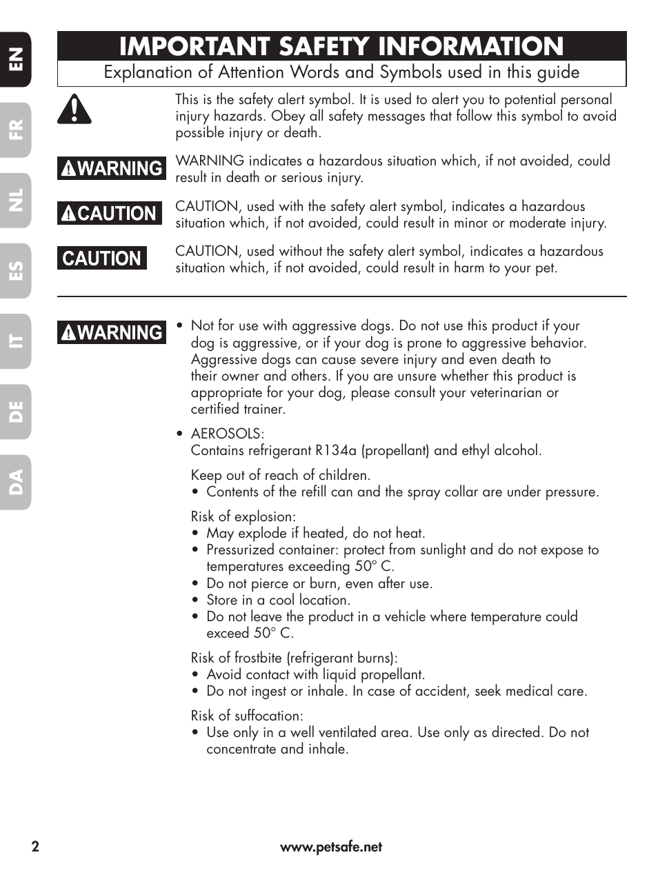 Important safety information, En fr es nl it da de | Petsafe Elite Big Dog Spray Bark Control User Manual | Page 2 / 102