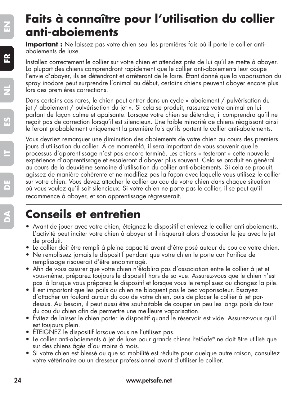 Conseils et entretien, En fr es nl it da de | Petsafe Elite Big Dog Spray Bark Control User Manual | Page 24 / 102
