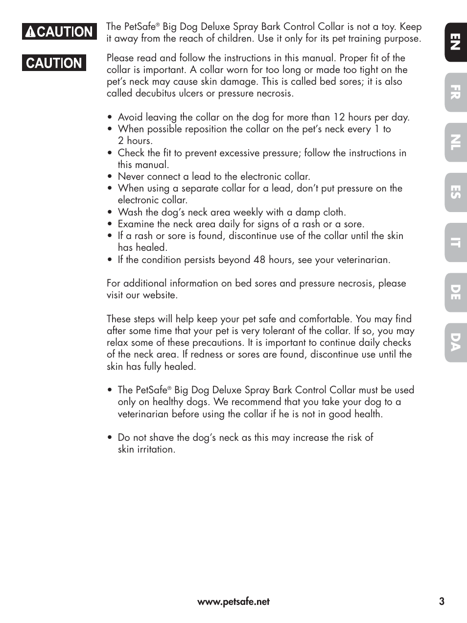 En fr es nl it da de | Petsafe Elite Big Dog Spray Bark Control User Manual | Page 3 / 102