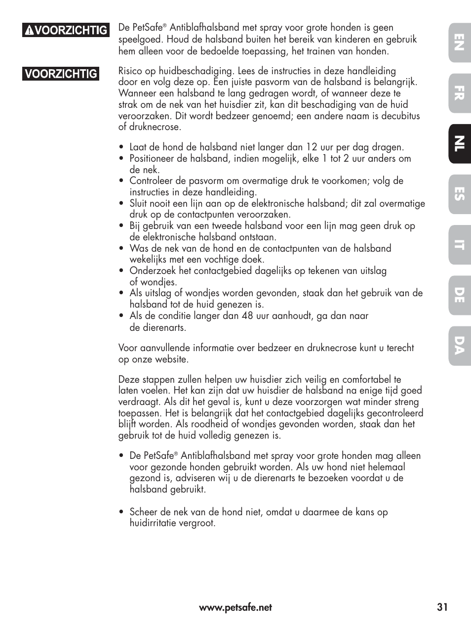 En fr es nl it da de | Petsafe Elite Big Dog Spray Bark Control User Manual | Page 31 / 102