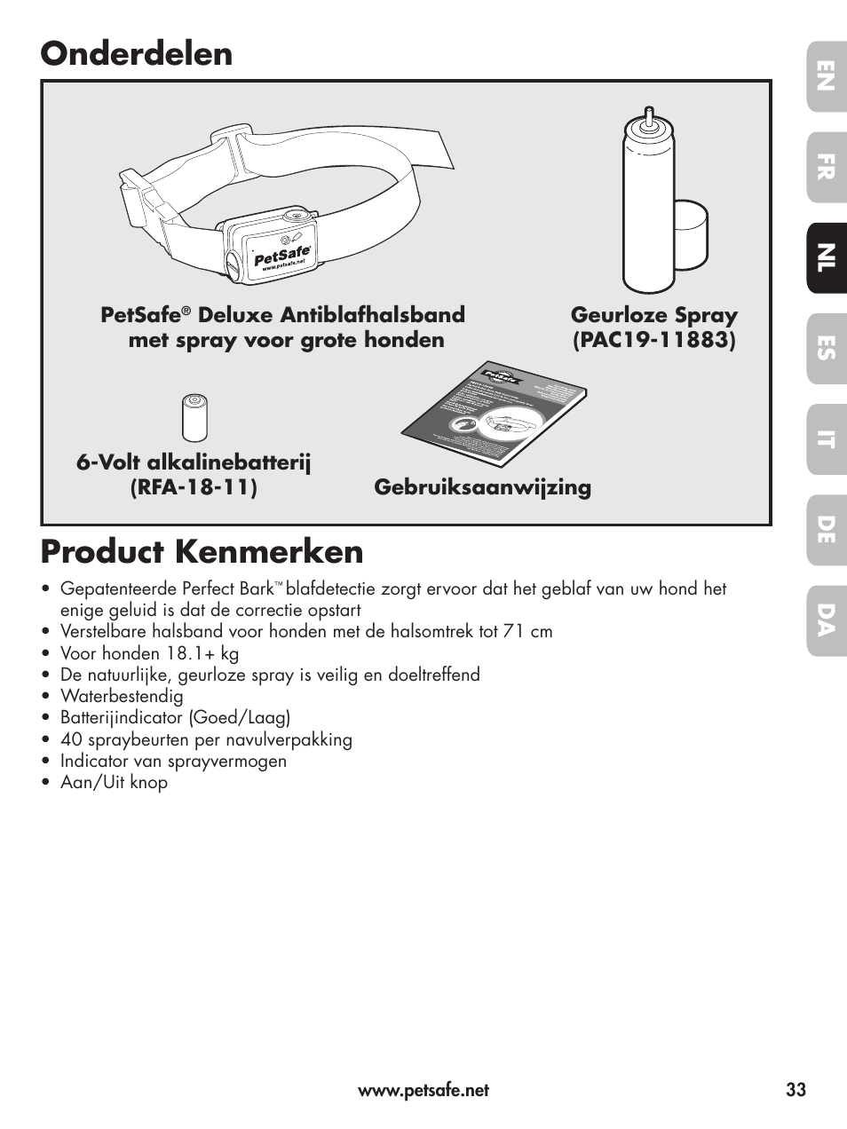 Onderdelen, Product kenmerken | Petsafe Elite Big Dog Spray Bark Control User Manual | Page 33 / 102