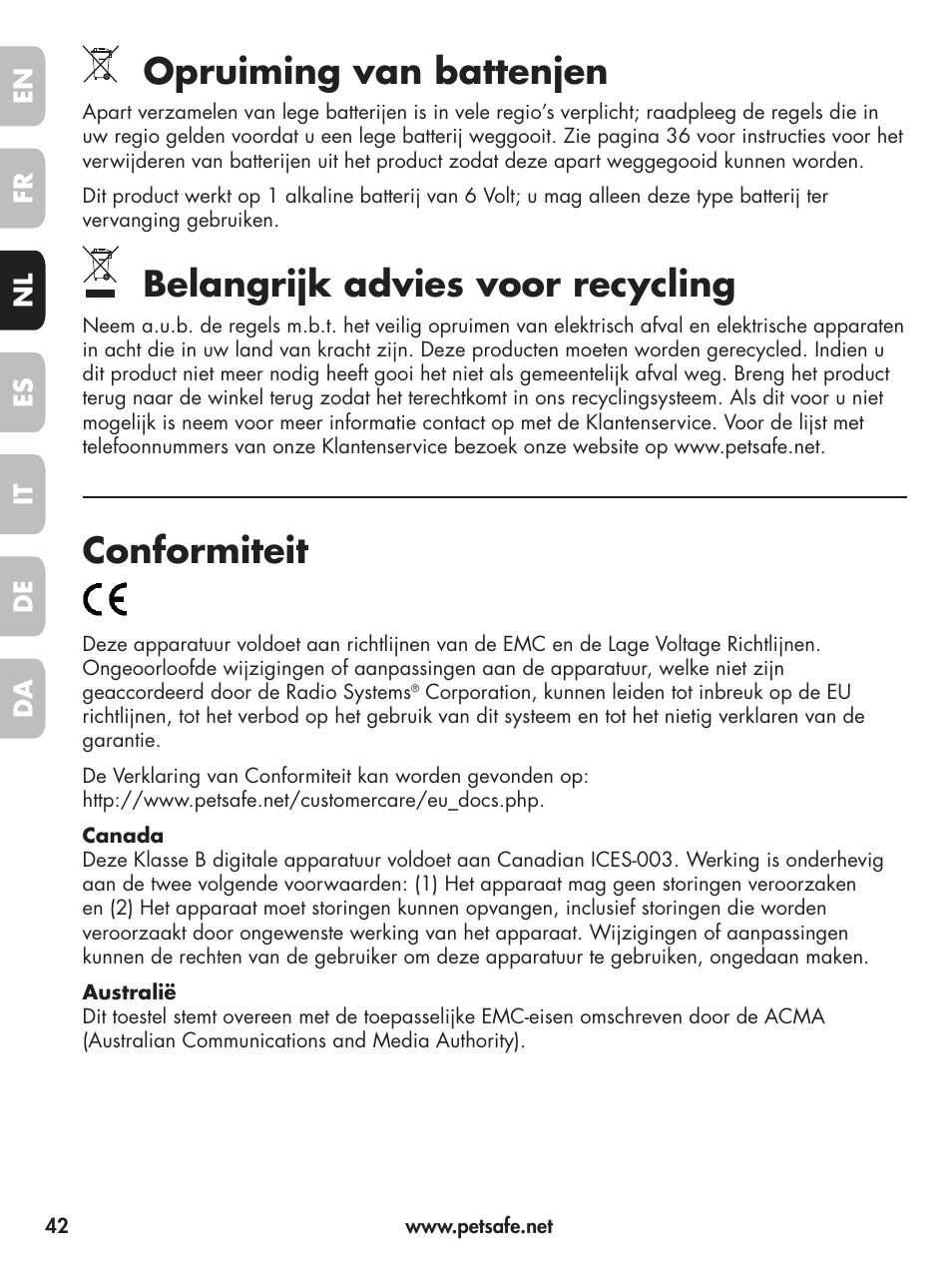 Opruiming van battenjen, Belangrijk advies voor recycling, Conformiteit | Petsafe Elite Big Dog Spray Bark Control User Manual | Page 42 / 102