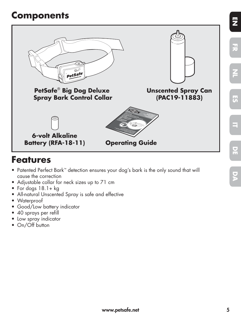 Components features | Petsafe Elite Big Dog Spray Bark Control User Manual | Page 5 / 102