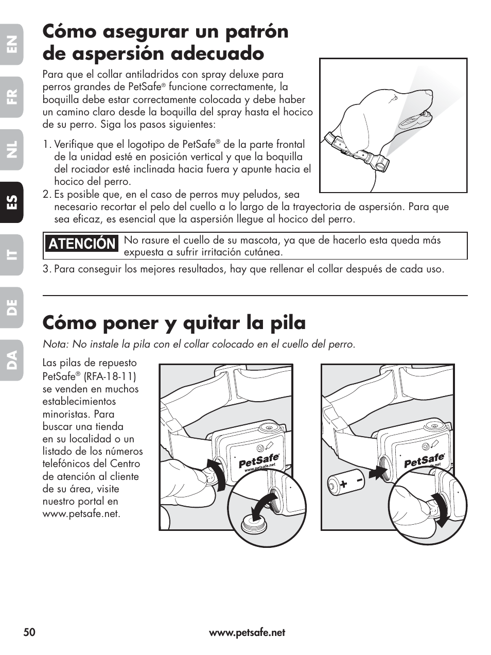 Cómo asegurar un patrón de aspersión adecuado, Cómo poner y quitar la pila, En fr es nl it da de | Petsafe Elite Big Dog Spray Bark Control User Manual | Page 50 / 102