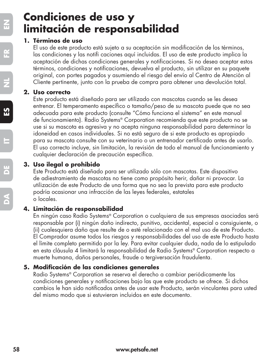 Condiciones de uso y limitación de responsabilidad, En fr es nl it da de | Petsafe Elite Big Dog Spray Bark Control User Manual | Page 58 / 102