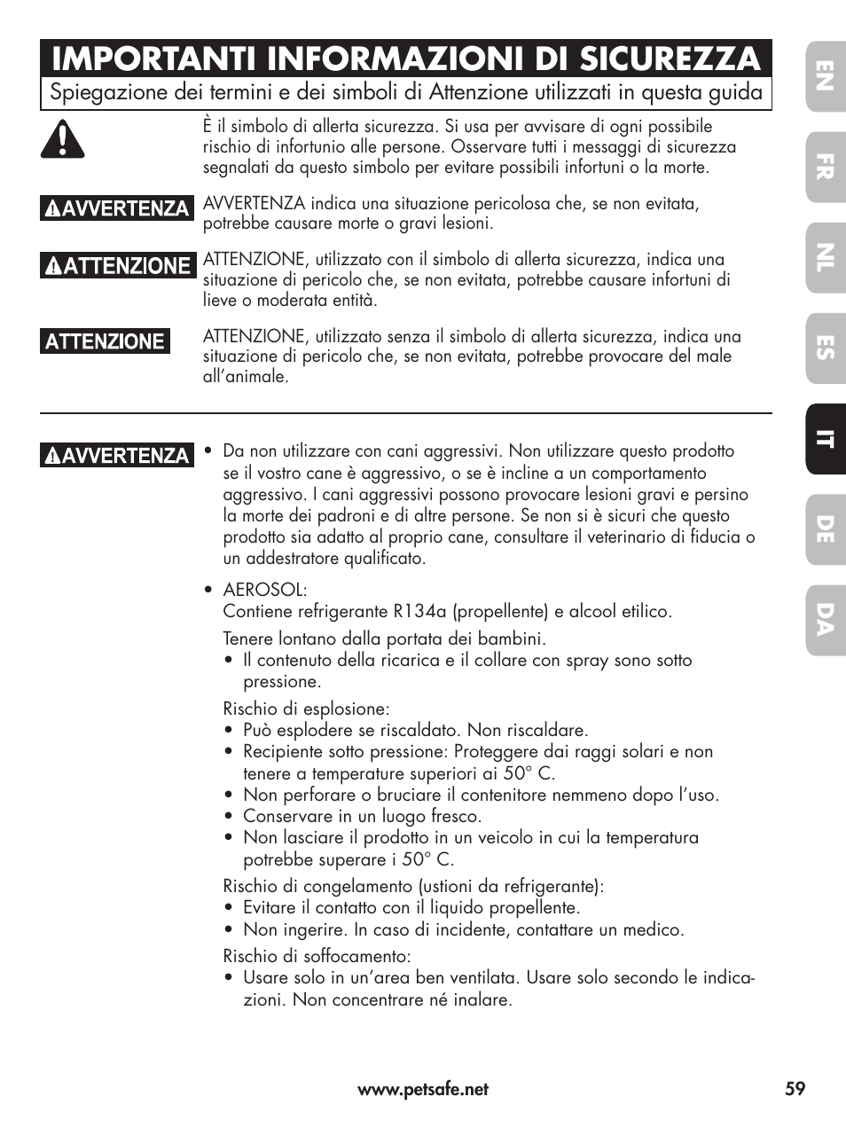 Importanti informazioni di sicurezza, En fr es nl it da de | Petsafe Elite Big Dog Spray Bark Control User Manual | Page 59 / 102