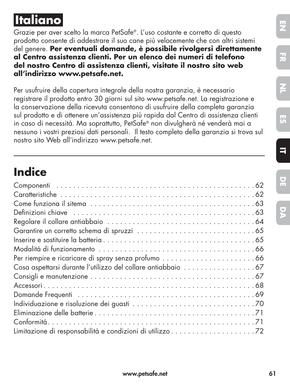 Italiano, Indice | Petsafe Elite Big Dog Spray Bark Control User Manual | Page 61 / 102