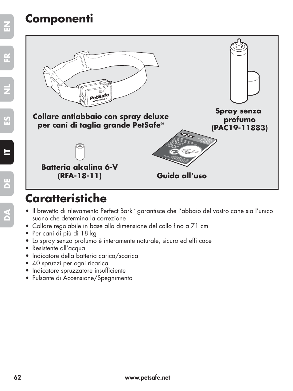 Componenti, Caratteristiche | Petsafe Elite Big Dog Spray Bark Control User Manual | Page 62 / 102
