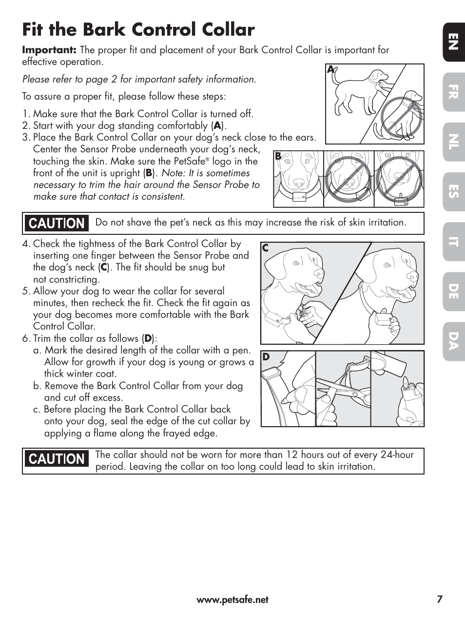 Fit the bark control collar, En fr es nl it da de | Petsafe Elite Big Dog Spray Bark Control User Manual | Page 7 / 102