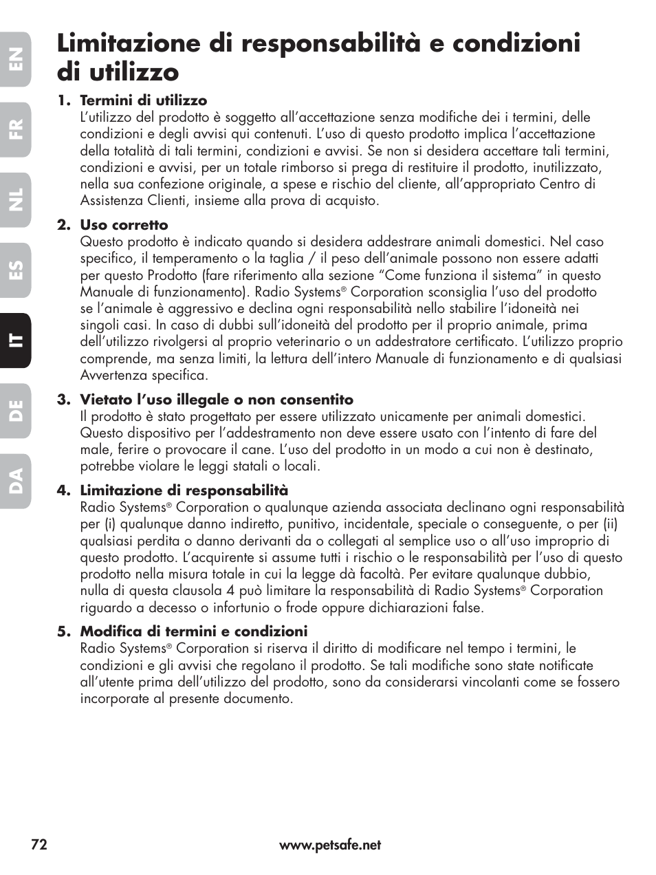 En fr es nl it da de | Petsafe Elite Big Dog Spray Bark Control User Manual | Page 72 / 102