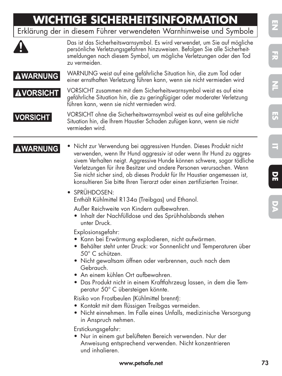 Wichtige sicherheitsinformation, En fr es nl it da de | Petsafe Elite Big Dog Spray Bark Control User Manual | Page 73 / 102