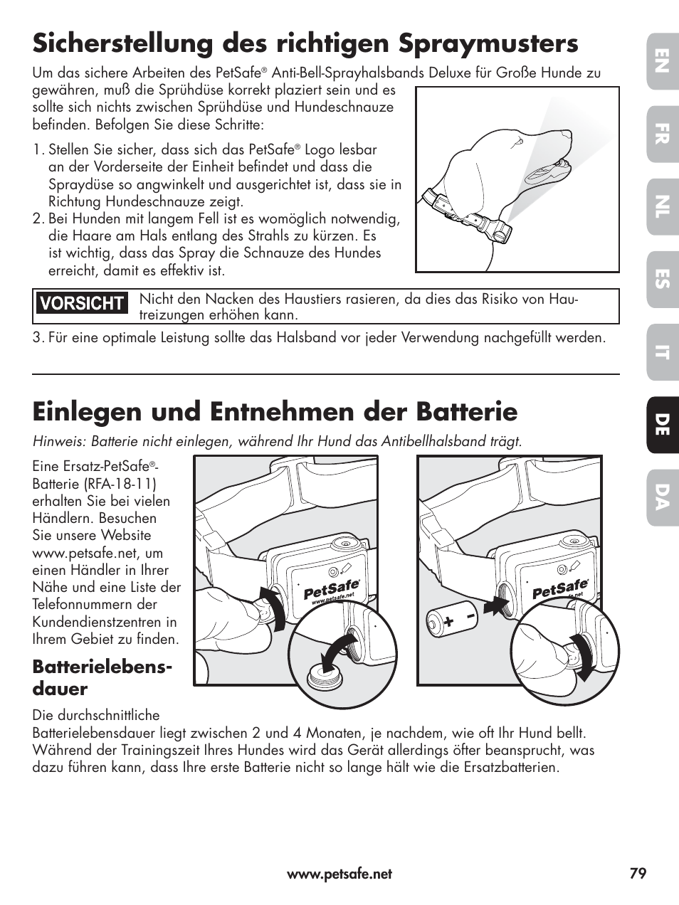 Sicherstellung des richtigen spraymusters, Einlegen und entnehmen der batterie, En fr es nl it da de | Batterielebens- dauer | Petsafe Elite Big Dog Spray Bark Control User Manual | Page 79 / 102