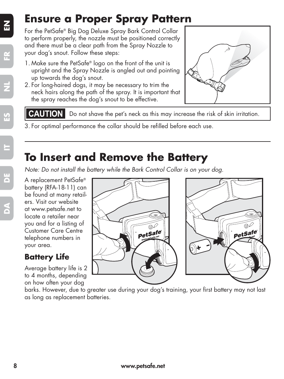 Ensure a proper spray pattern, En fr es nl it da de, Battery life | Petsafe Elite Big Dog Spray Bark Control User Manual | Page 8 / 102