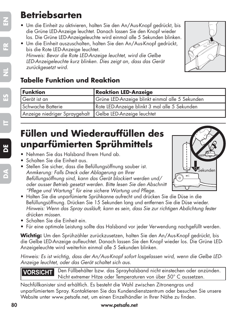 Betriebsarten, En fr es nl it da de, Tabelle funktion und reaktion | Petsafe Elite Big Dog Spray Bark Control User Manual | Page 80 / 102
