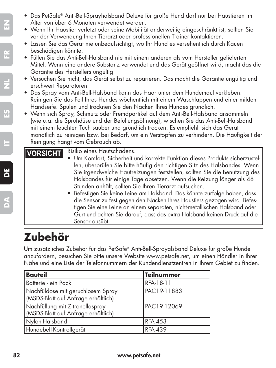 Zubehör, En fr es nl it da de | Petsafe Elite Big Dog Spray Bark Control User Manual | Page 82 / 102