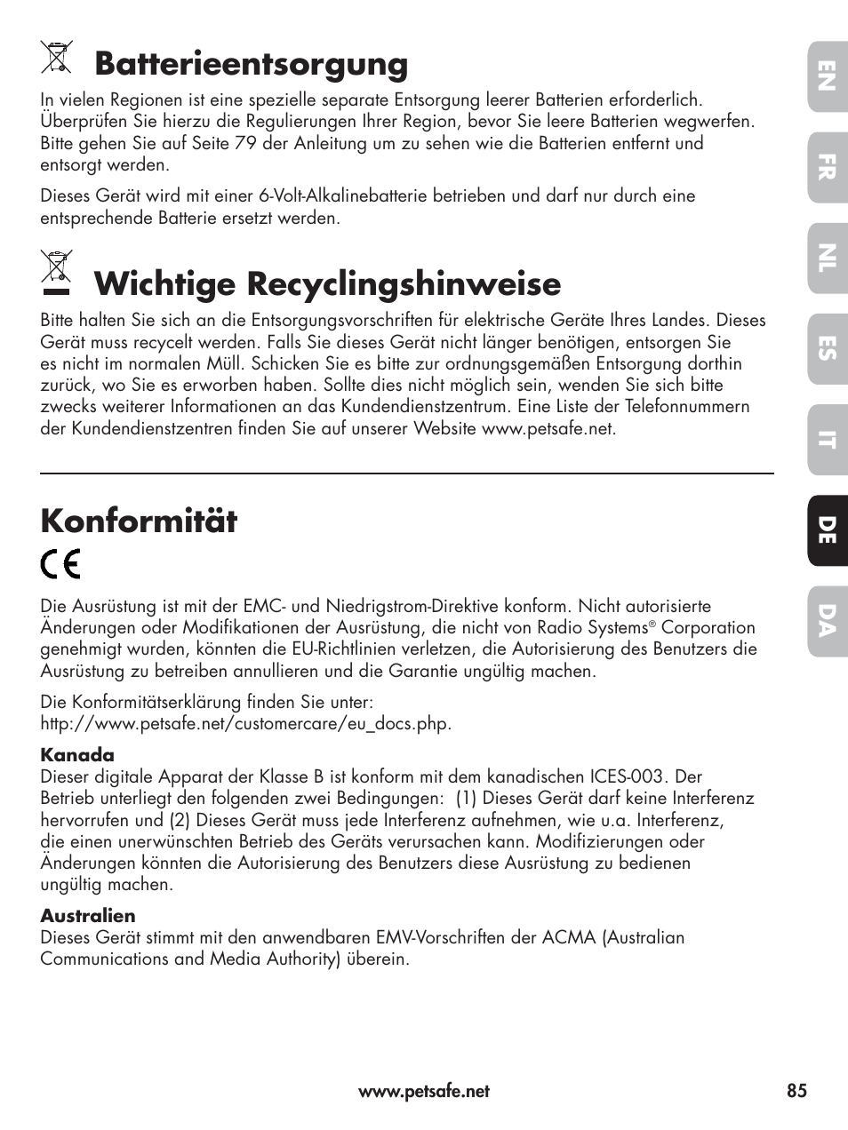 Batterieentsorgung, Wichtige recyclingshinweise, Konformität | Petsafe Elite Big Dog Spray Bark Control User Manual | Page 85 / 102