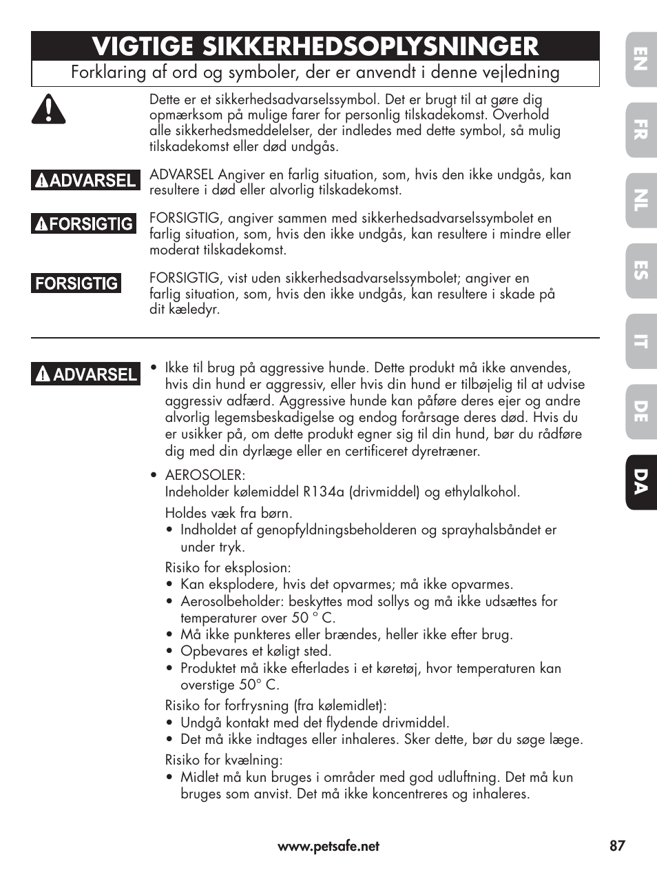 Vigtige sikkerhedsoplysninger, En fr es nl it da de, Advarsel | Petsafe Elite Big Dog Spray Bark Control User Manual | Page 87 / 102