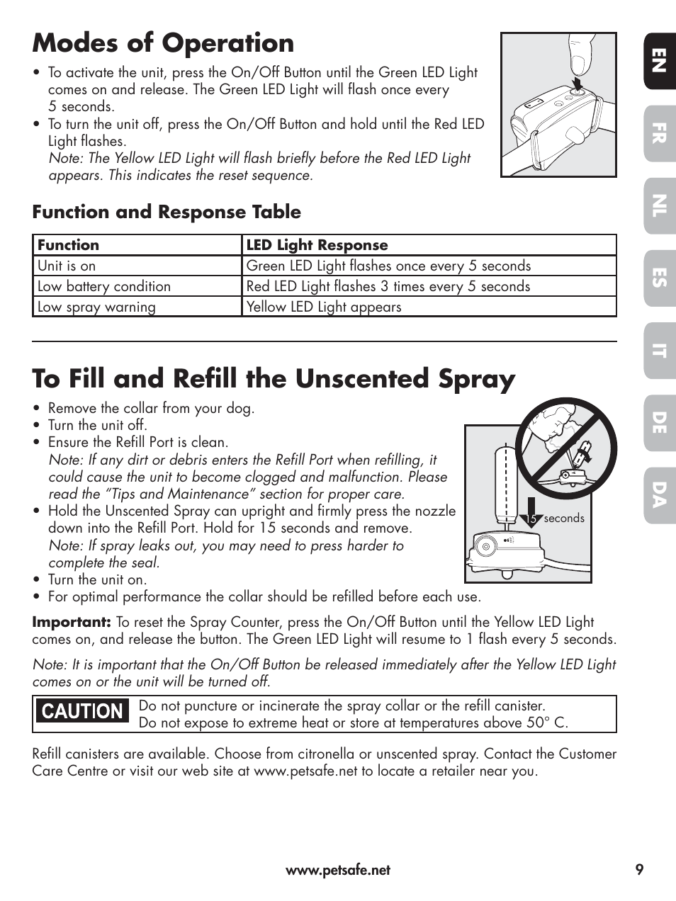 Modes of operation, En fr es nl it da de, Function and response table | Petsafe Elite Big Dog Spray Bark Control User Manual | Page 9 / 102