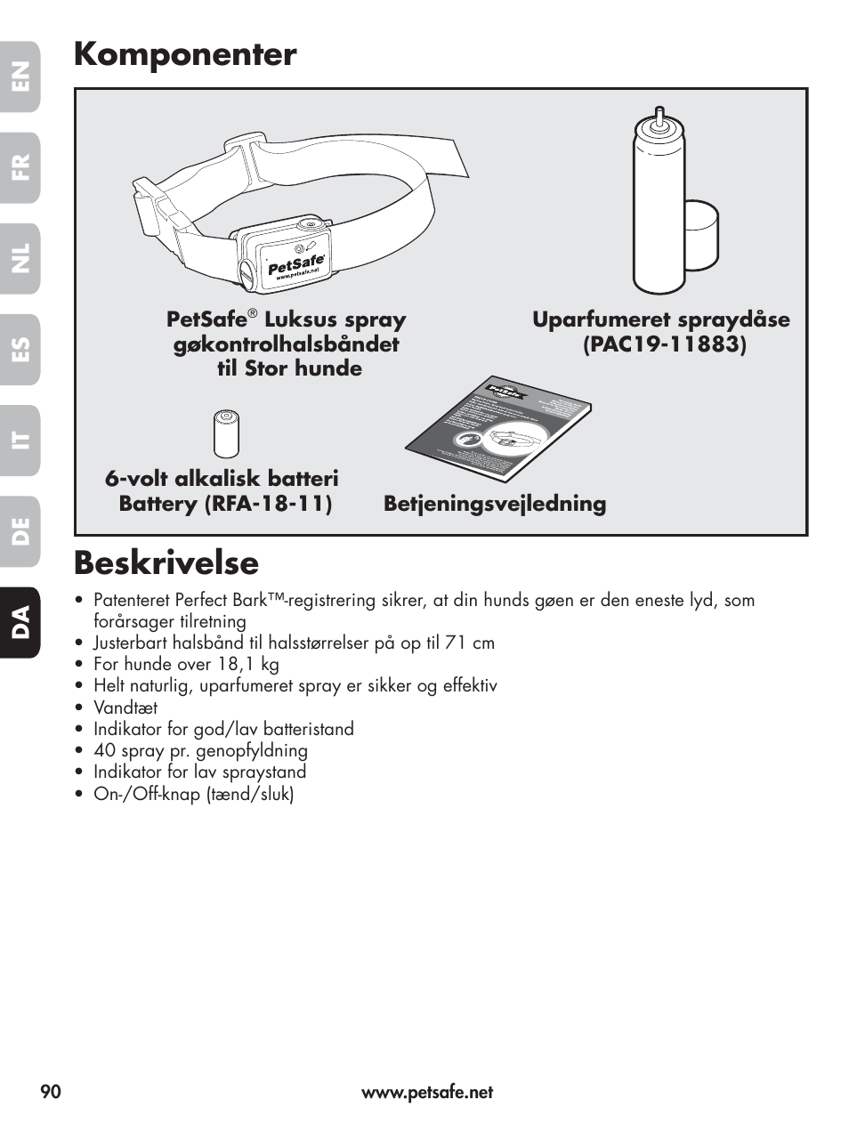 Komponenter beskrivelse | Petsafe Elite Big Dog Spray Bark Control User Manual | Page 90 / 102