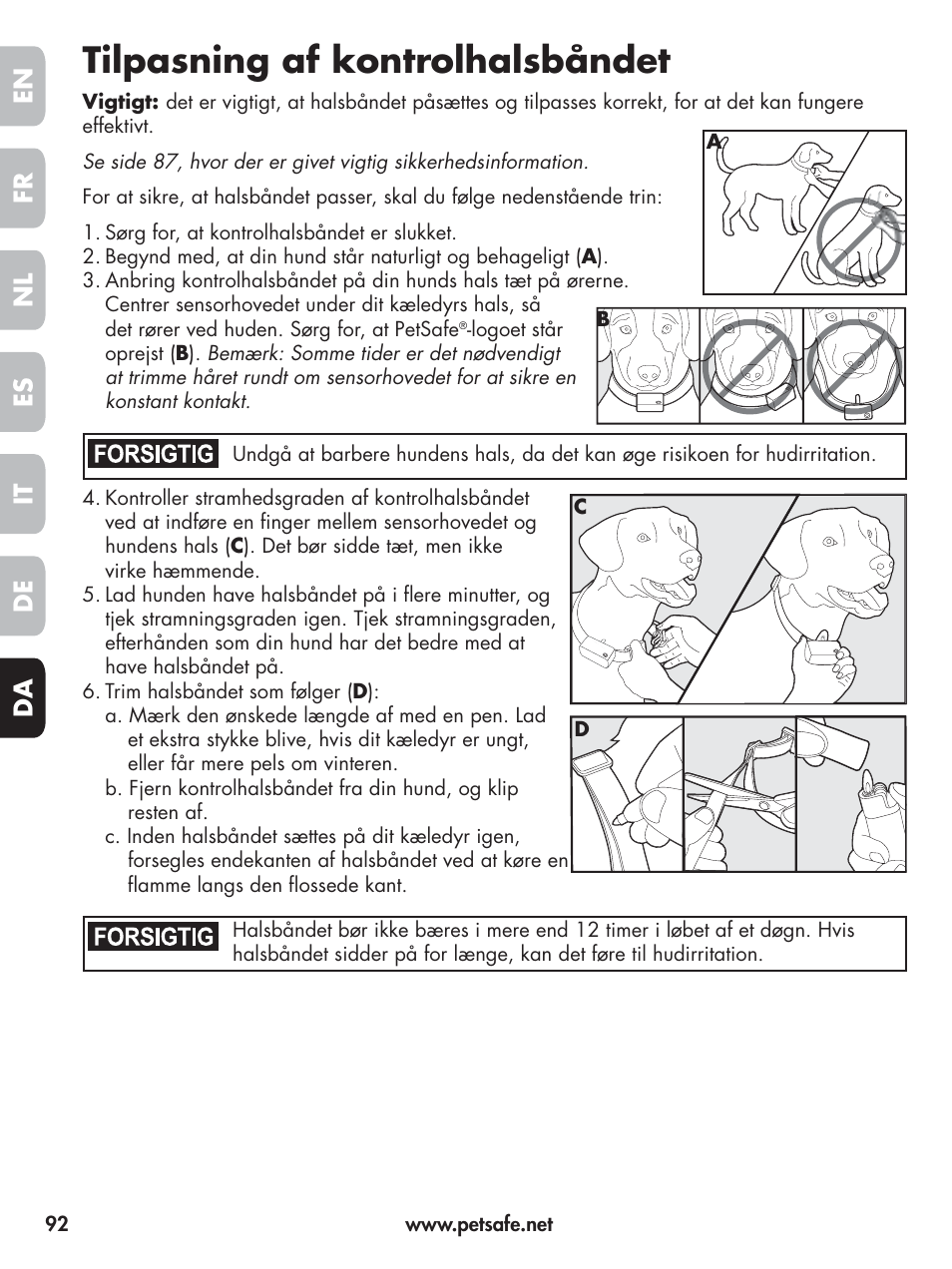 Tilpasning af kontrolhalsbåndet, En fr es nl it da de | Petsafe Elite Big Dog Spray Bark Control User Manual | Page 92 / 102
